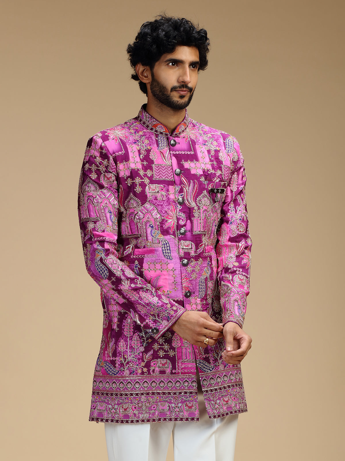 Purple art silk mens indo western with print