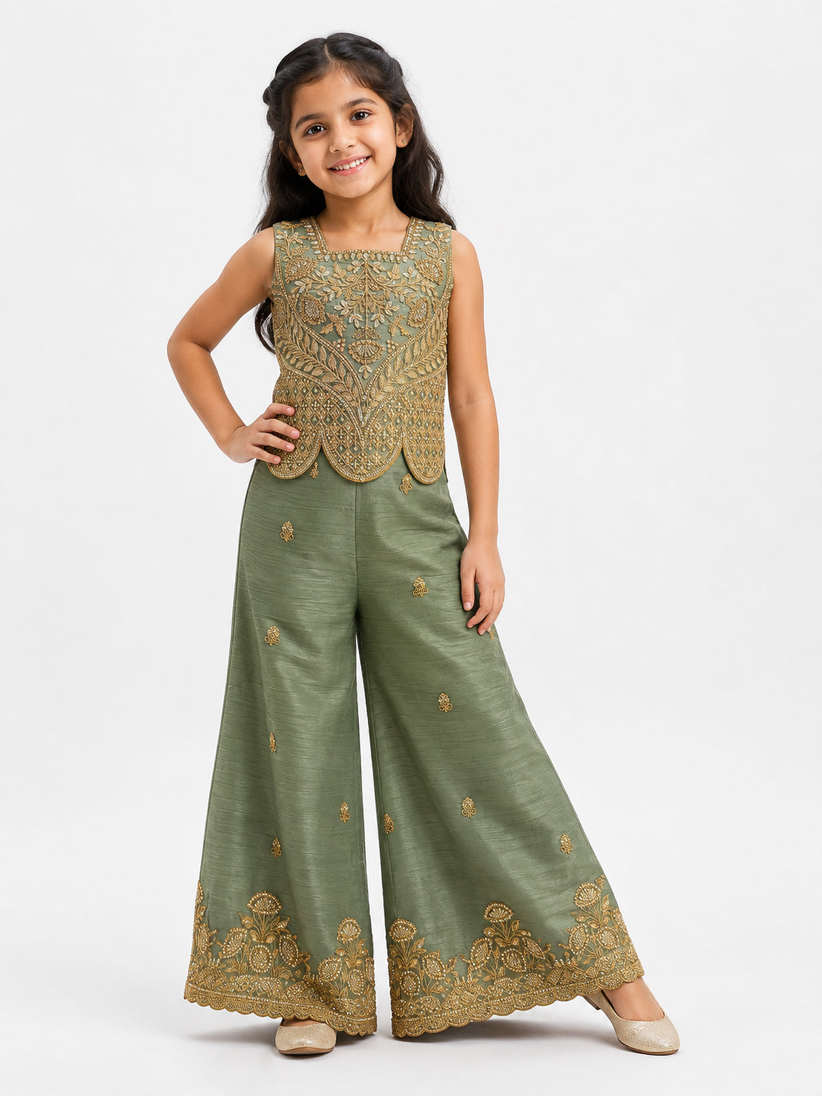 Pastel pista green girls palazzo suit