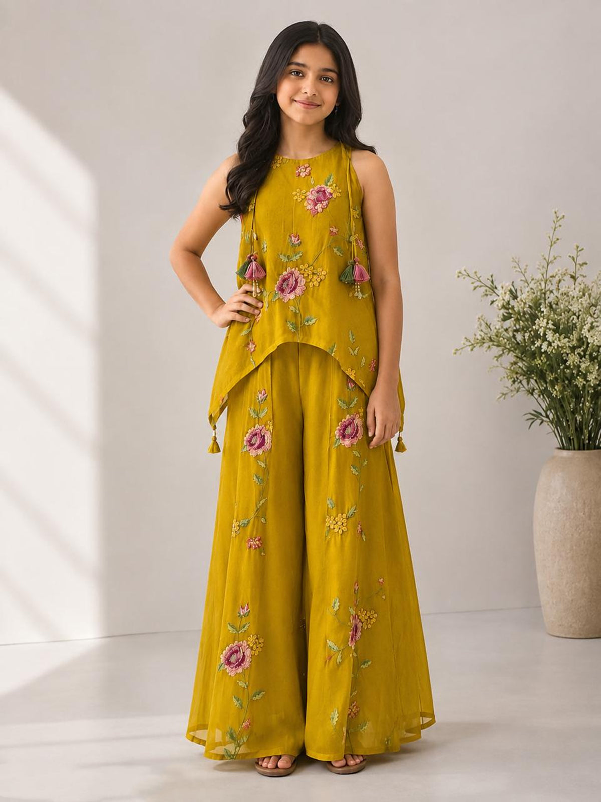Yellow floral girls palazzo suit