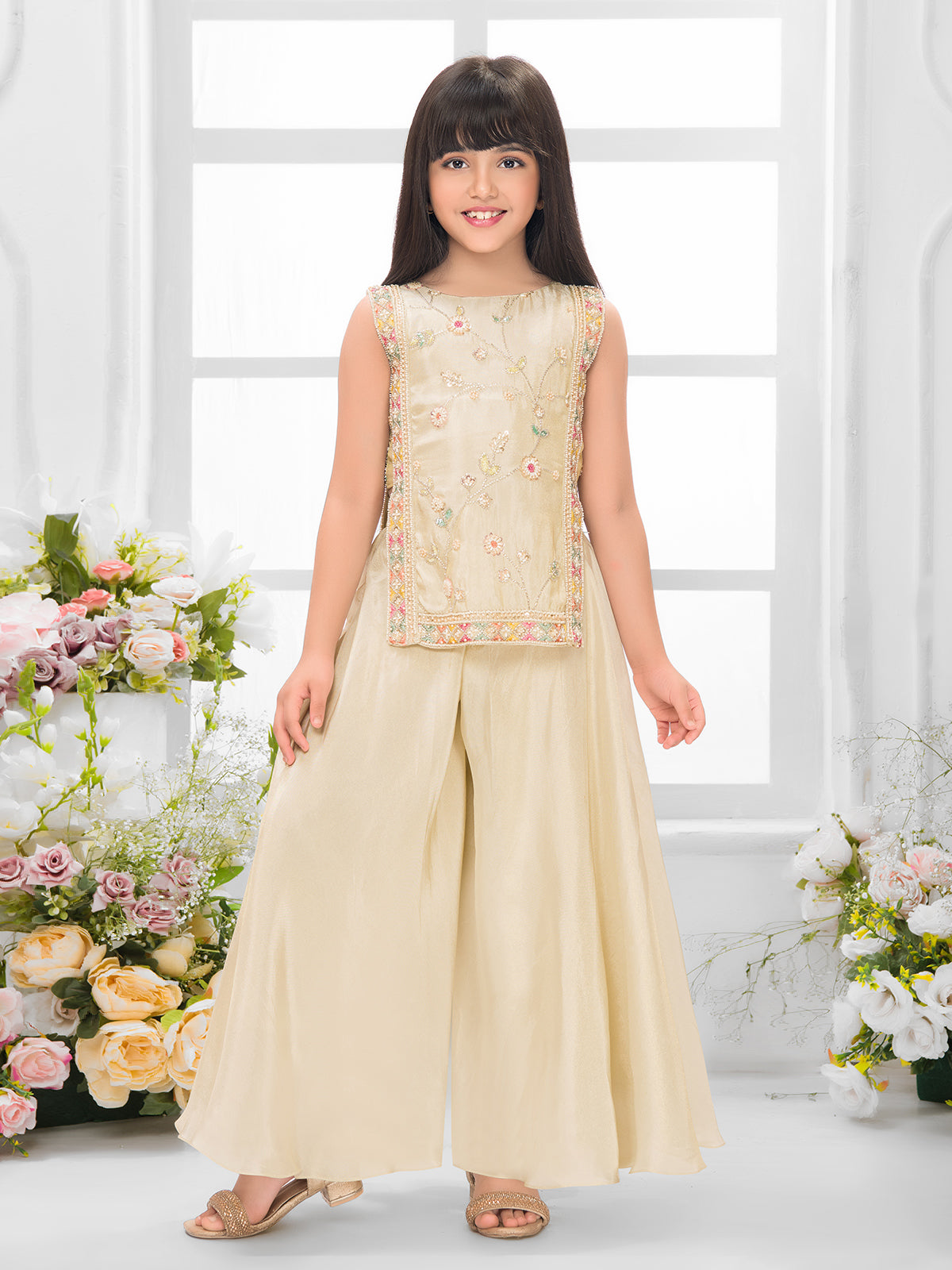 Cream floral girls festive palazzo suit