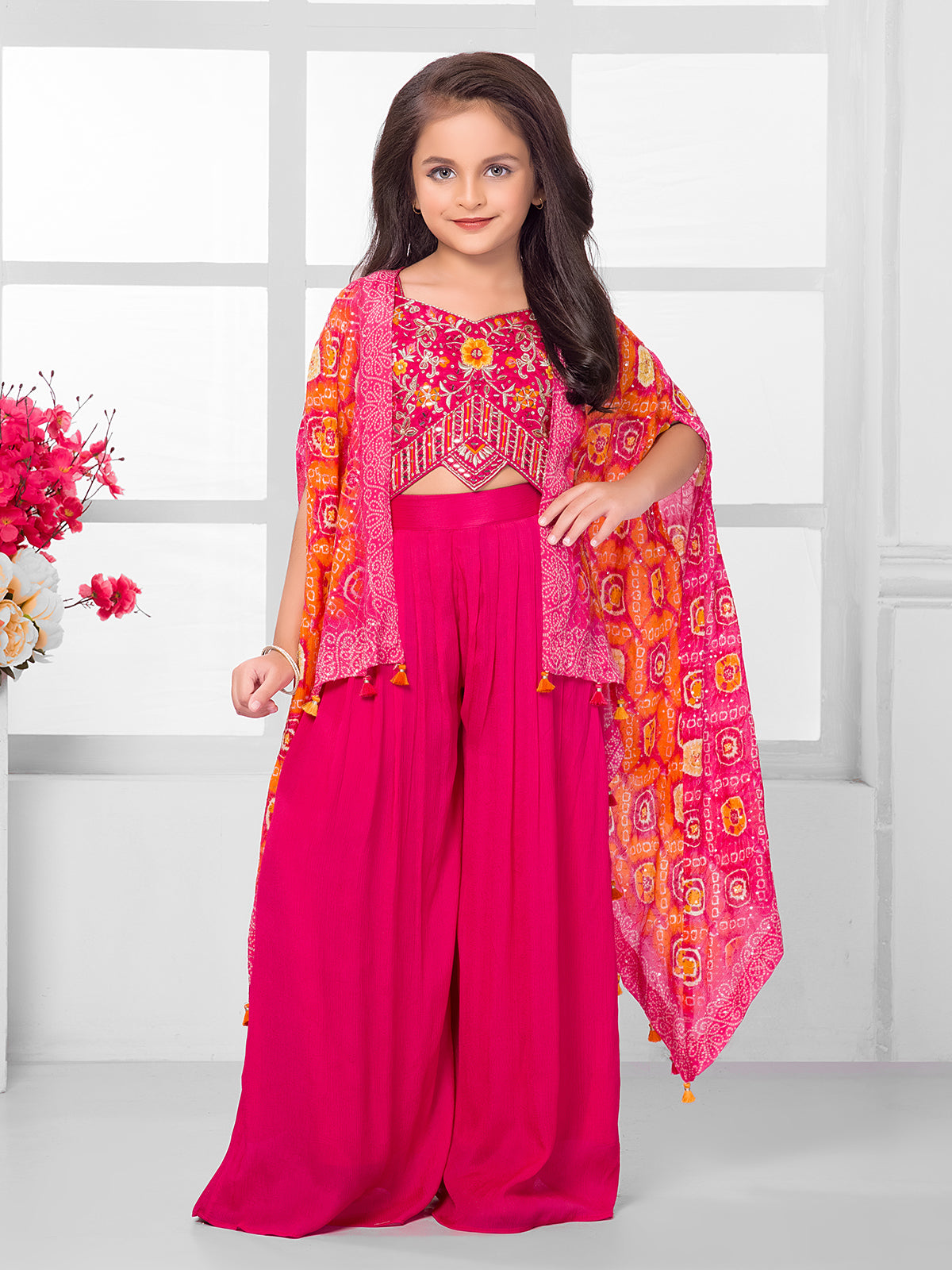 Pink printed girls festive palazzo suit