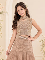 Beige pleated girls lehenga choli