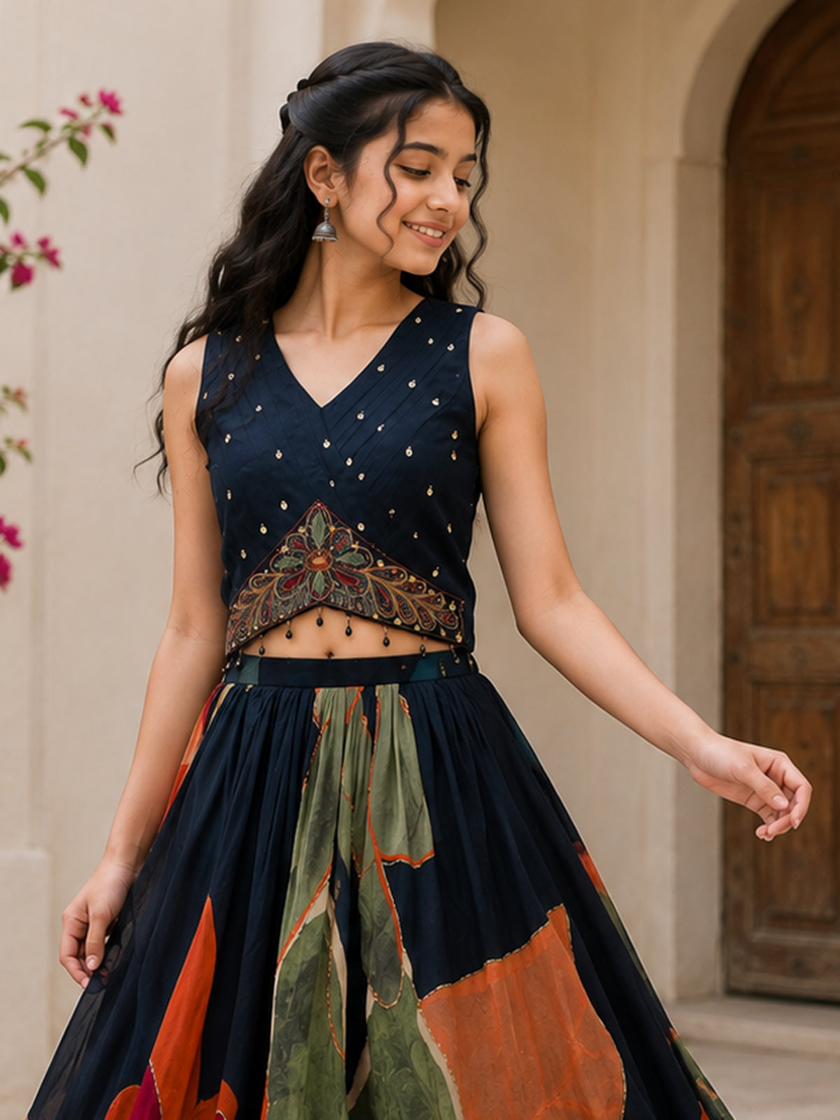 Navy blue floral girls lehenga choli