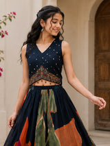 Navy blue floral girls lehenga choli