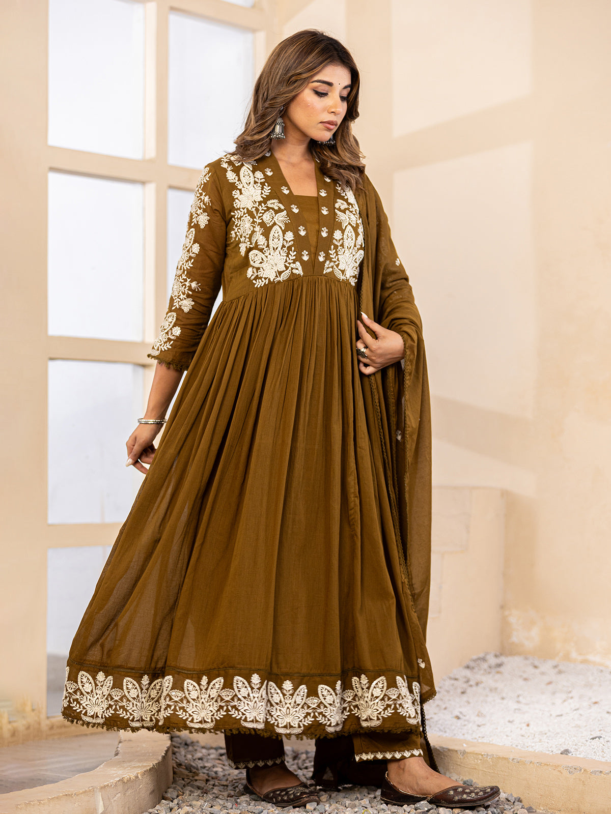 Mehendi olive floral  anarkali women kurti set