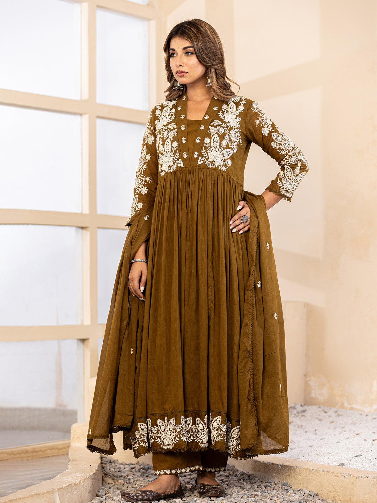 Mehendi olive floral  anarkali women kurti set