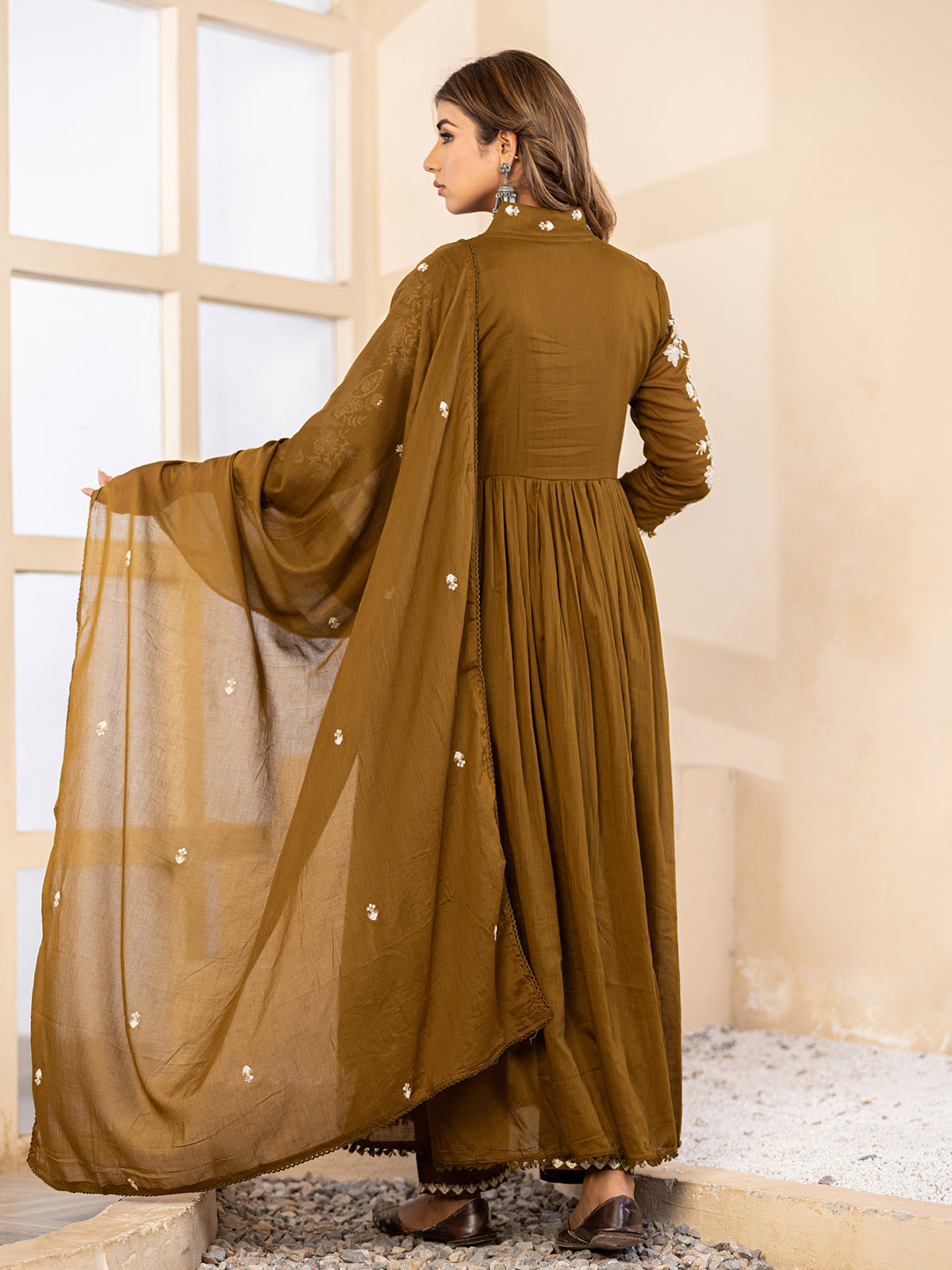 Mehendi olive floral  anarkali women kurti set