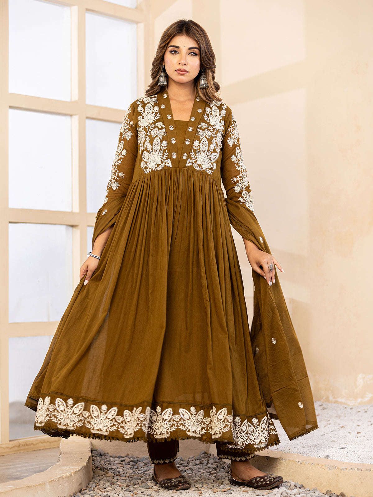 Mehendi olive floral  anarkali women kurti set