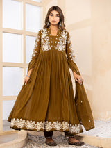 Mehendi olive floral  anarkali women kurti set