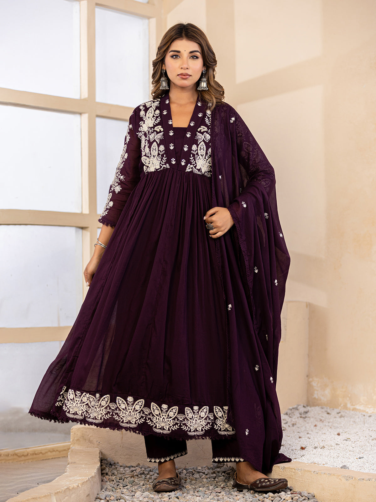 Deep purple floral  anarkali women kurti set