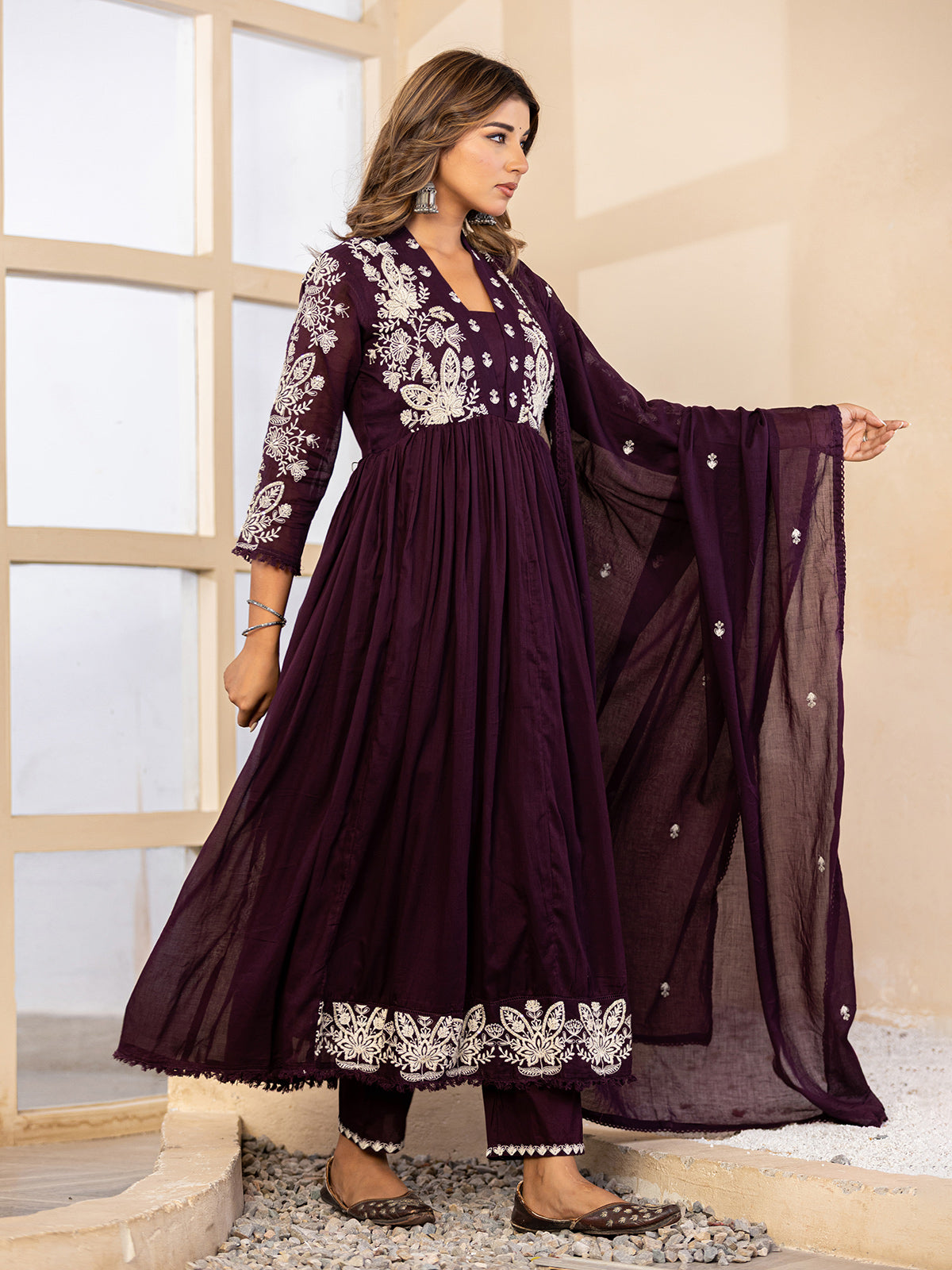 Deep purple floral  anarkali women kurti set