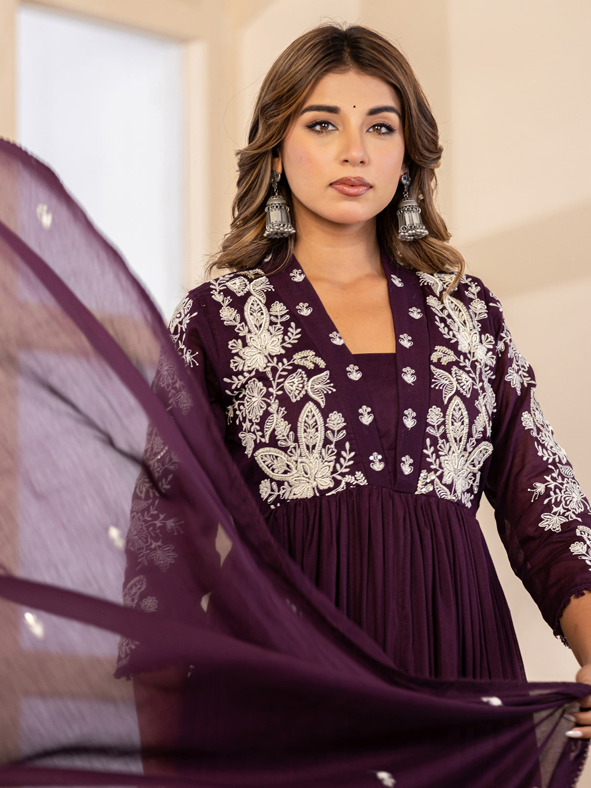 Deep purple floral  anarkali women kurti set