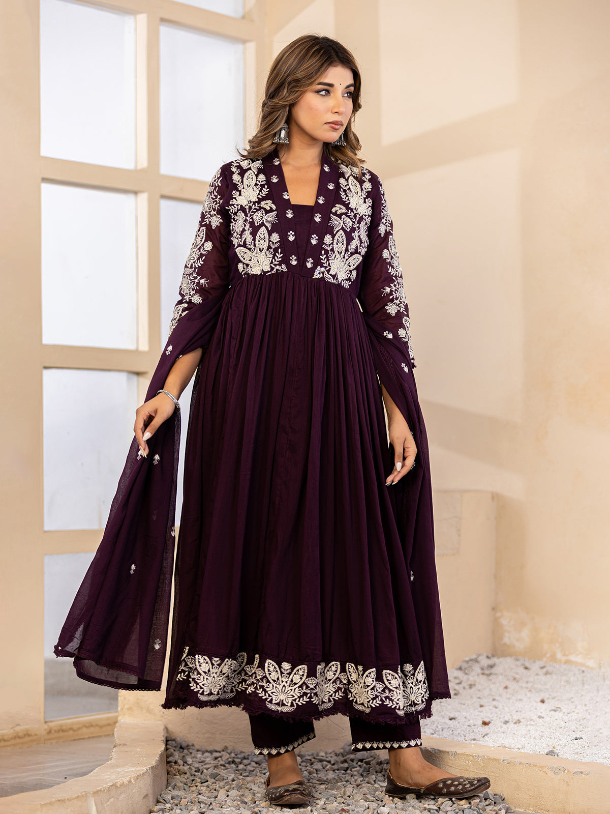 Deep purple floral  anarkali women kurti set