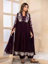 Deep purple floral  anarkali women kurti set