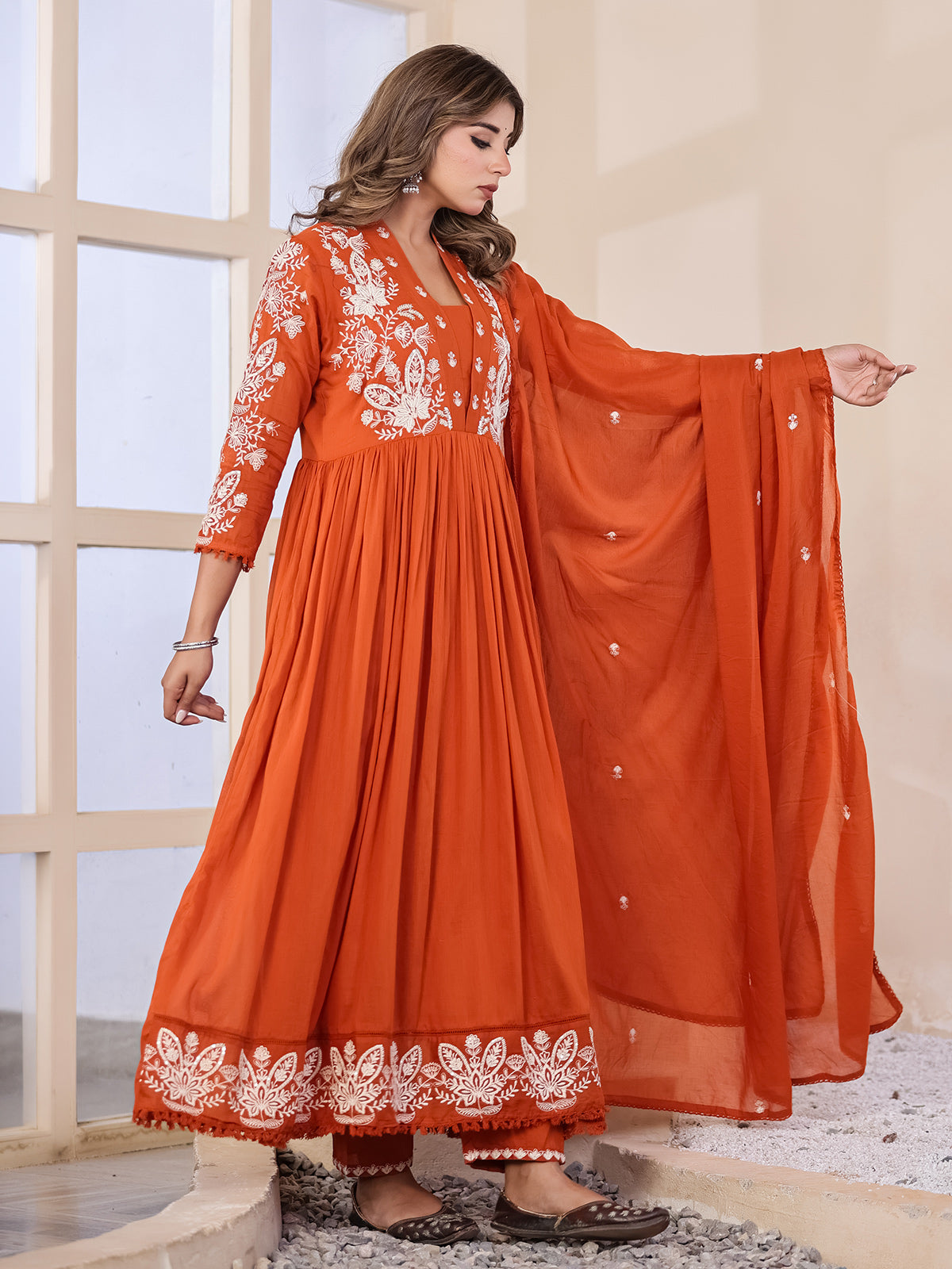 Orange floral  anarkali women kurti set