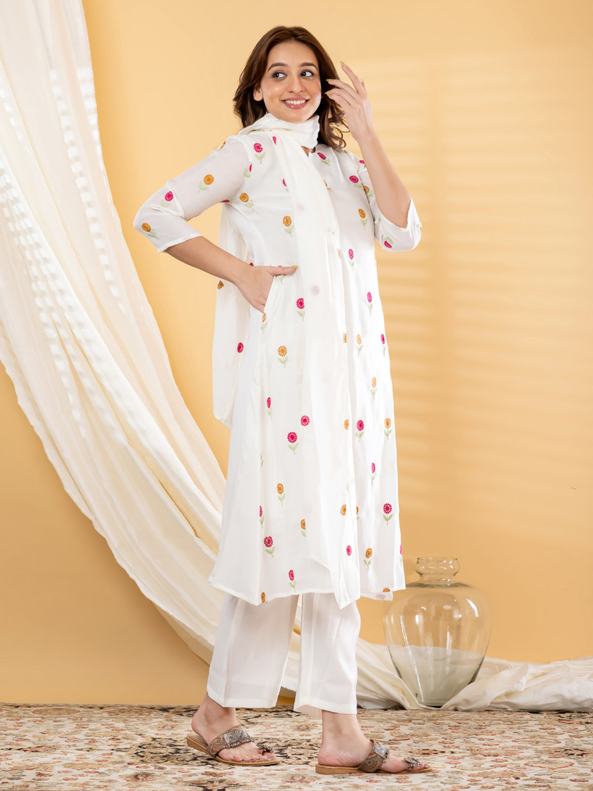White colourful floral women kurti set