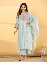 Mint blue floral straight cut women kurti set
