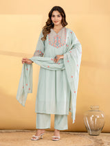 Mint blue floral straight cut women kurti set