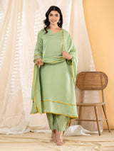 Pista green lace detail women kurti set