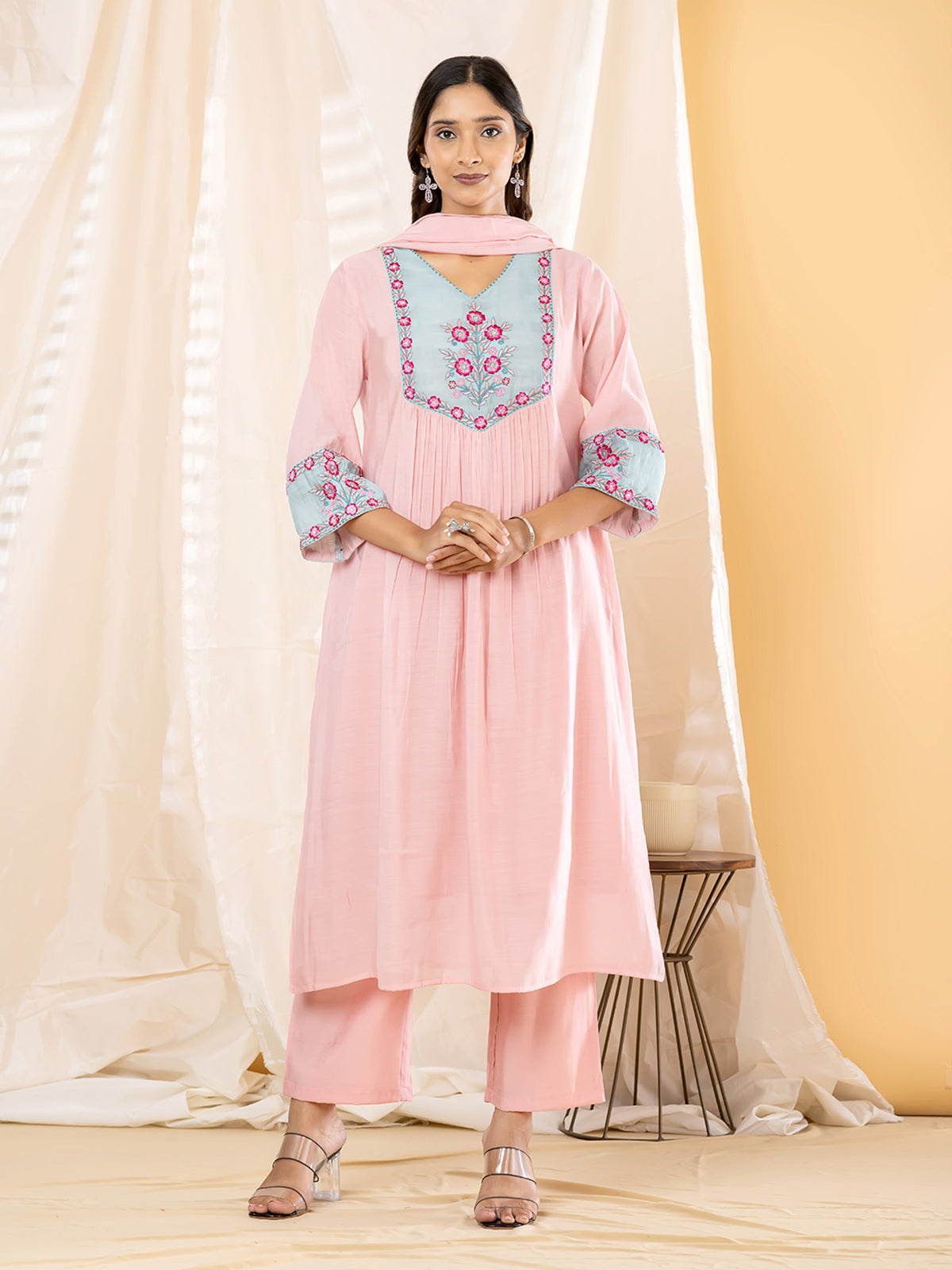 Pink floral yoke  anarkali women kurti set