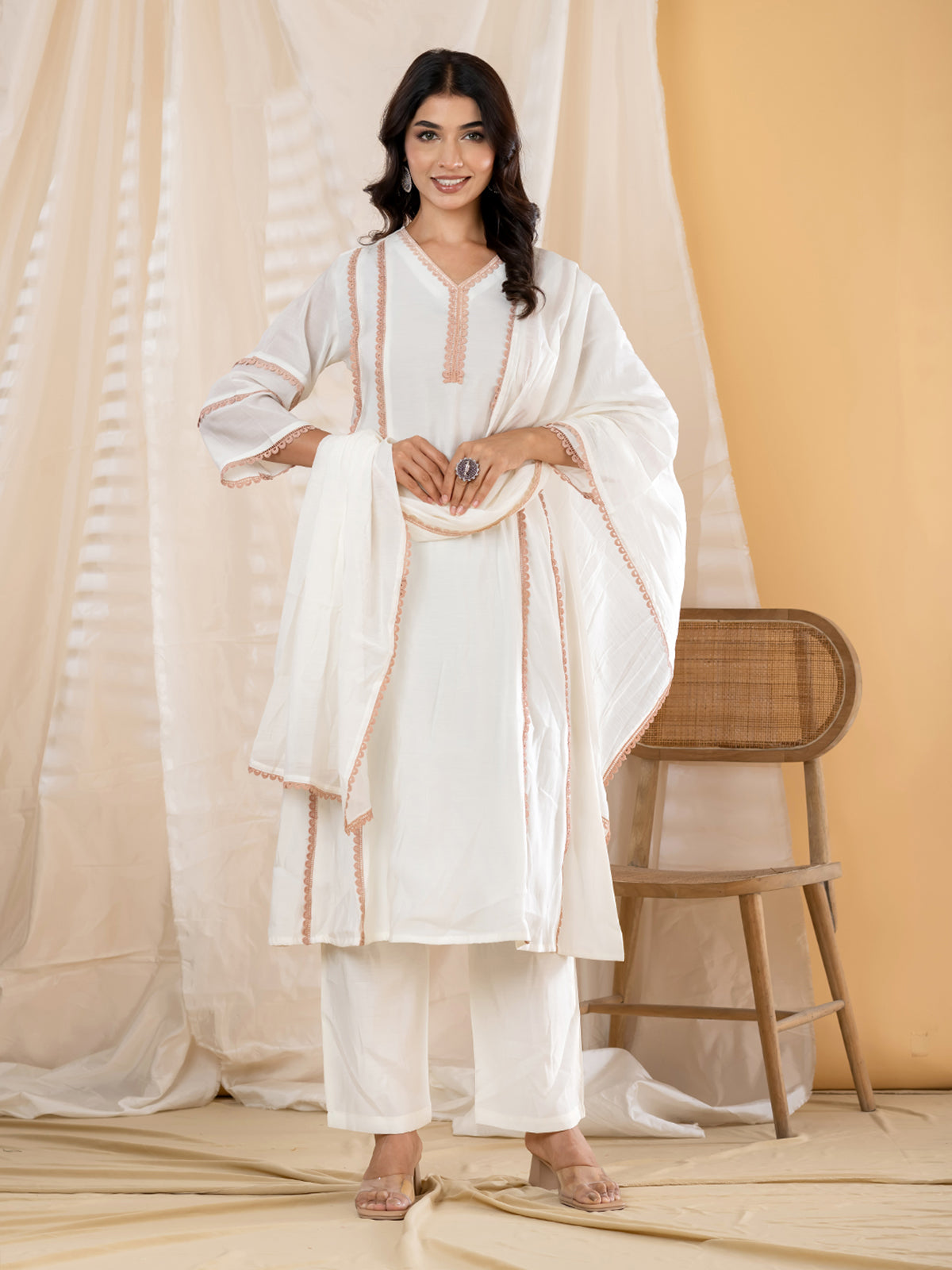 White lace panel  anarkali women kurti set
