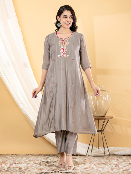 Grey zari  anarkali women kurti set