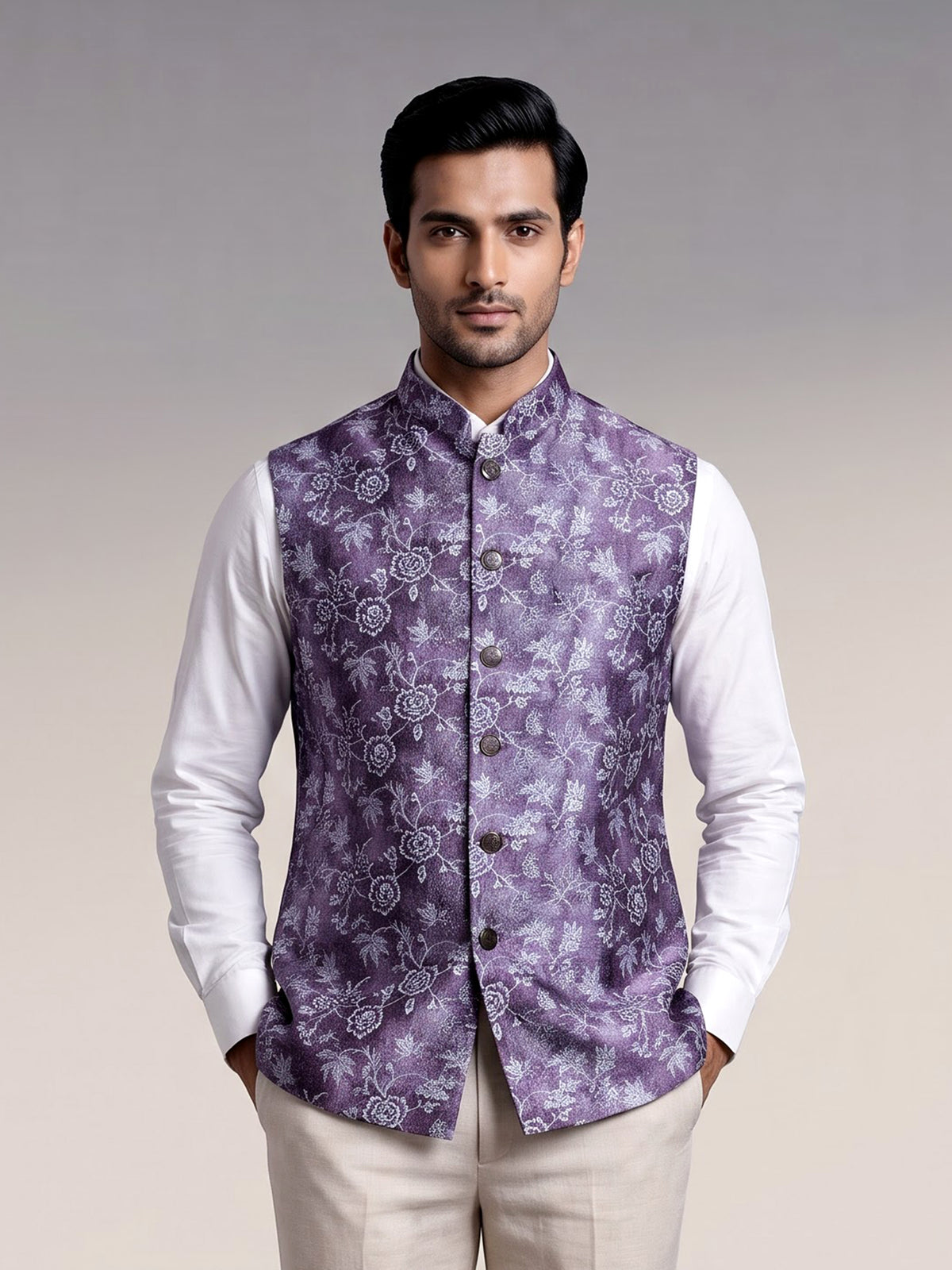 Purple regal printed mens waistcoat