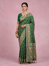 Emerald green semi silk Patola motif zardosi saree