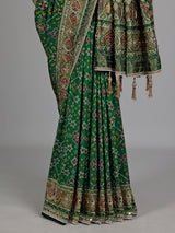 Emerald green semi silk Patola motif zardosi saree
