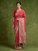 Rani pink Bandhani pattern figurative embroidered festive saree