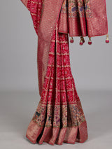 Rani pink Bandhani pattern figurative embroidered festive saree