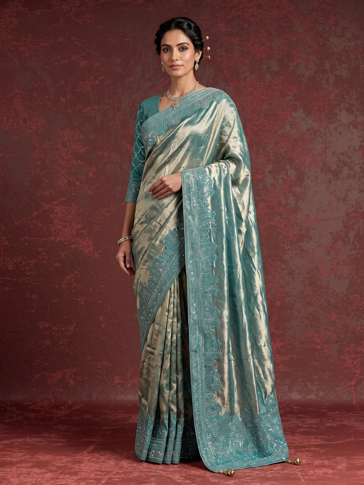 Peacock teal blue champagne ziraff tissue silk saree