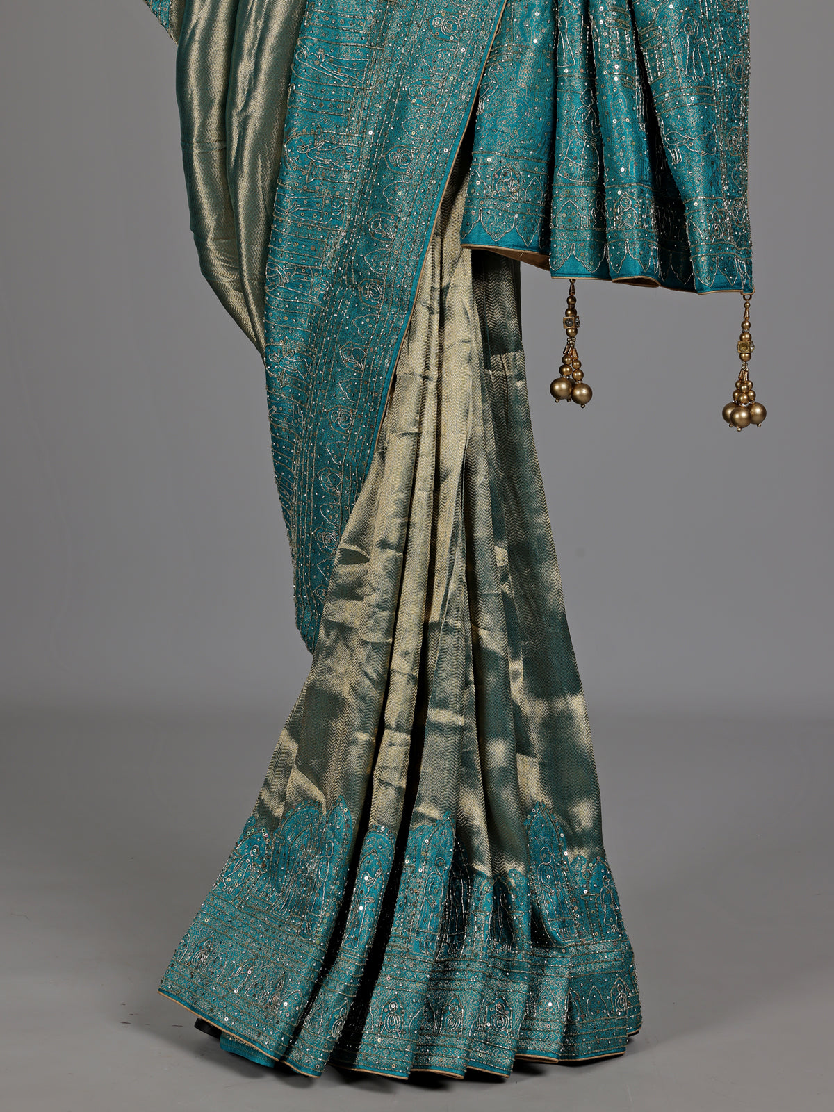 Peacock teal blue champagne ziraff tissue silk saree