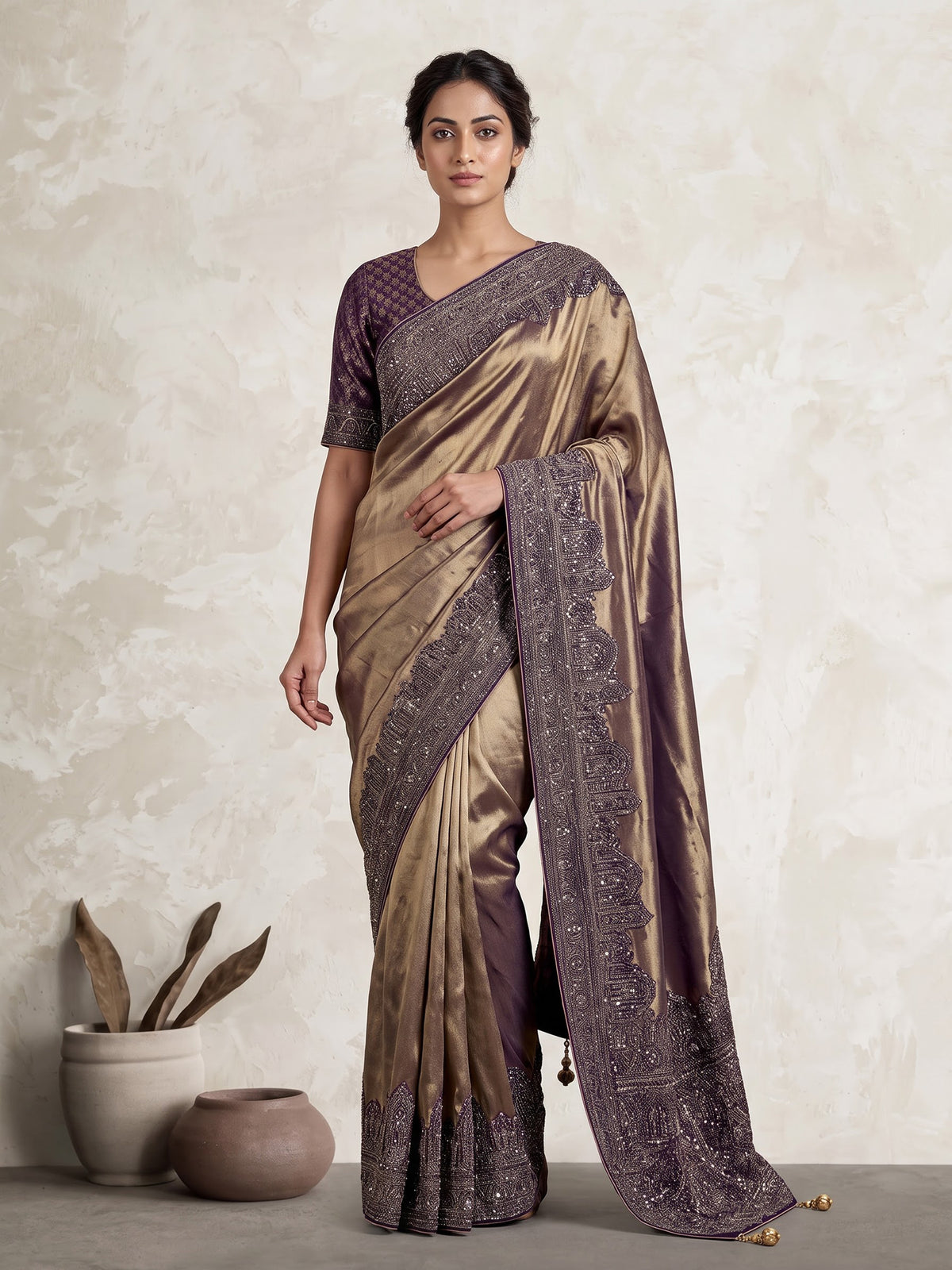 Plum wine champagne ziraf tissue silk embellished saree