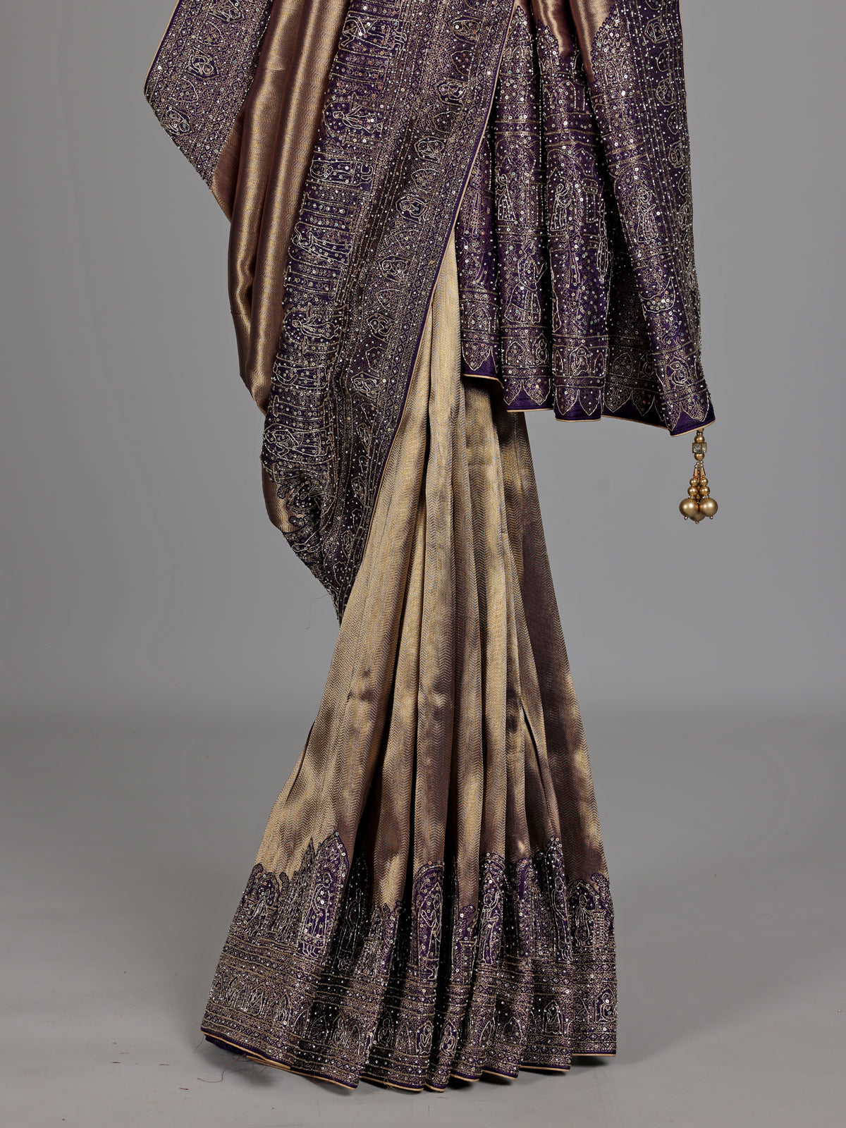 Plum wine champagne ziraf tissue silk embellished saree