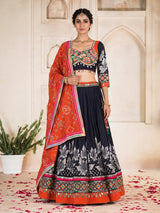 Black cotton silk chaniya choli with mirror and cowrie work