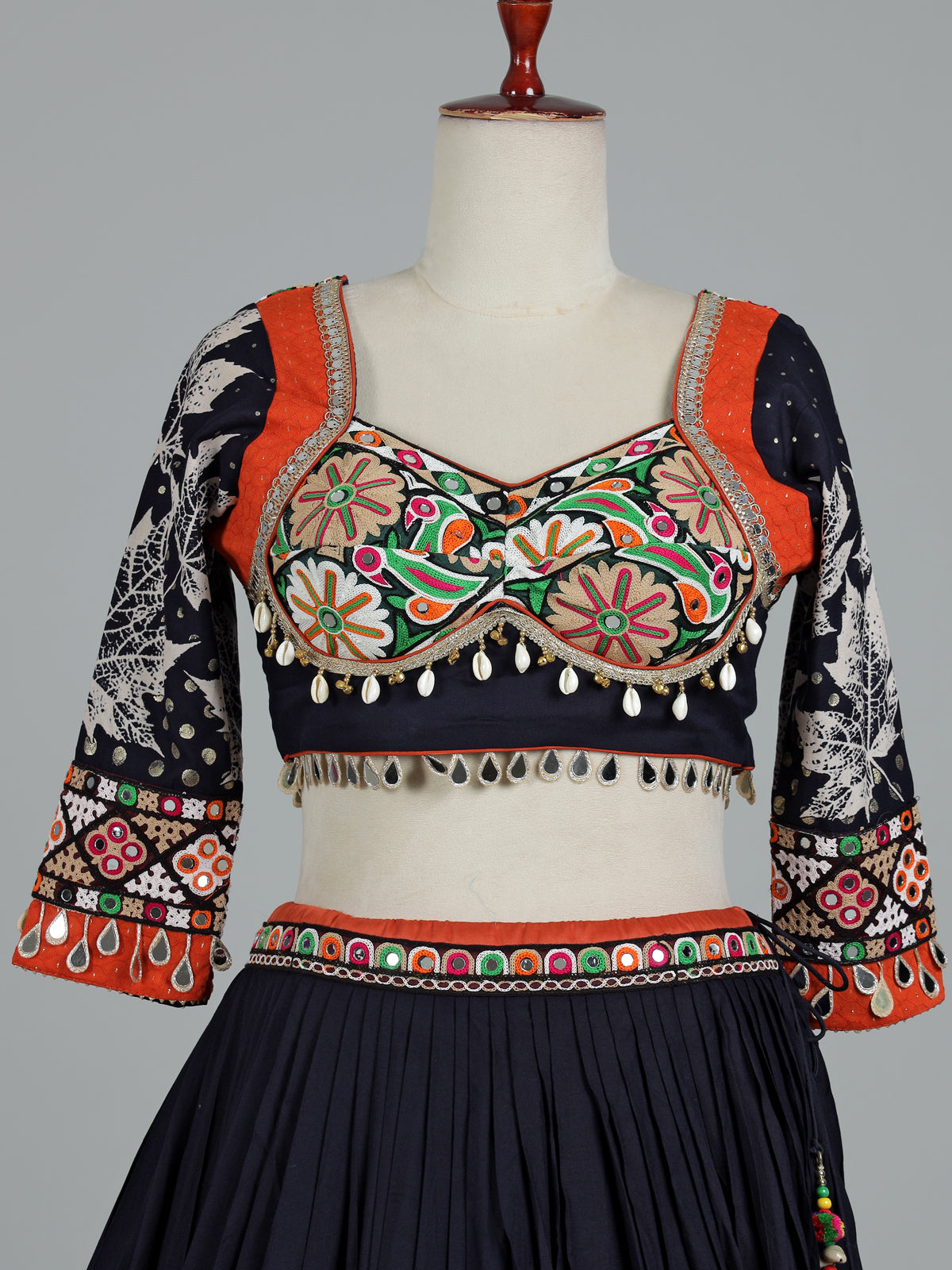 Black cotton silk chaniya choli with mirror and cowrie work