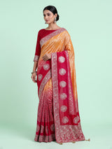 Red and yellow shaded embellished dola silk saree