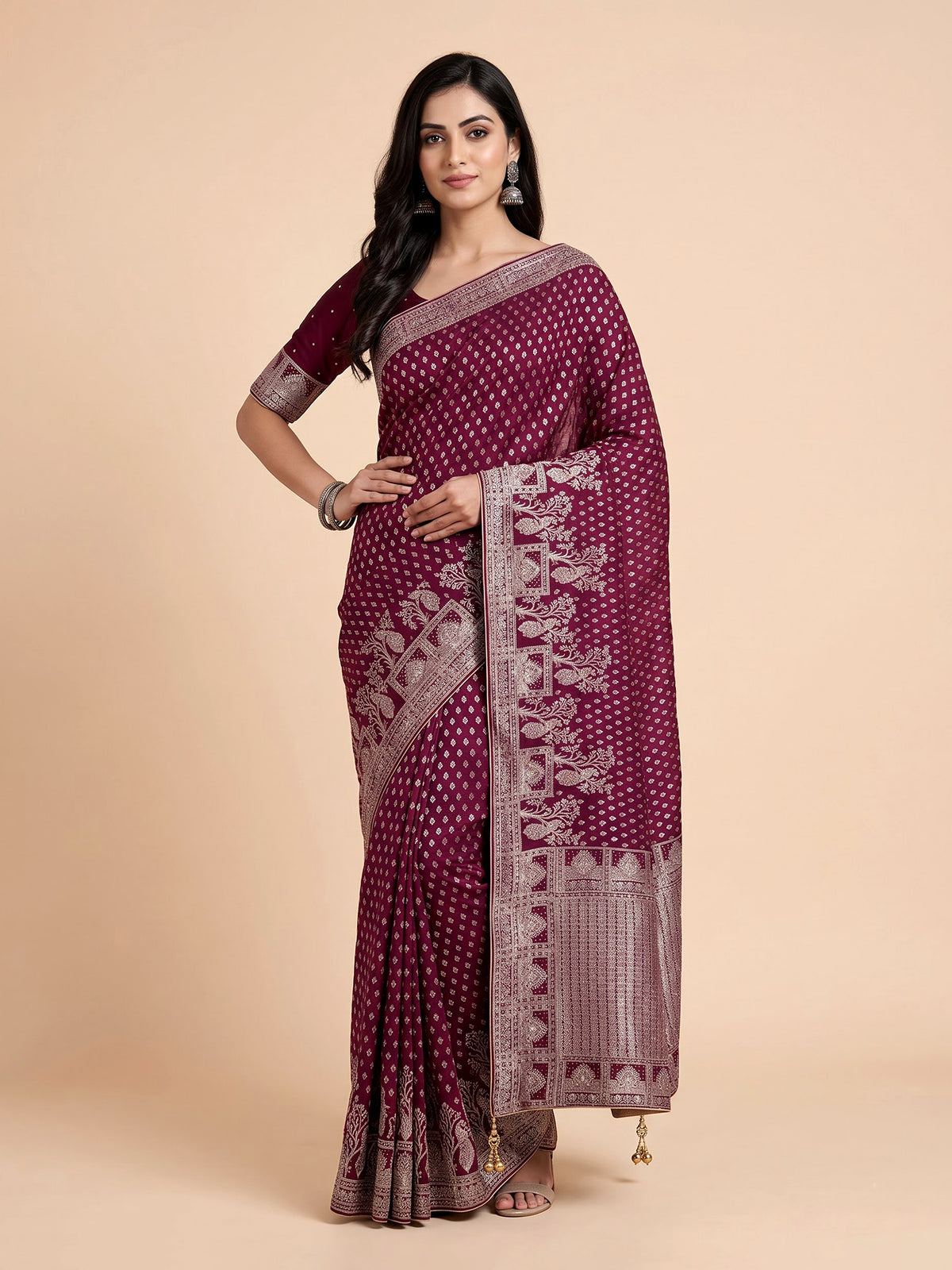 Dark purple embellished dola silk saree