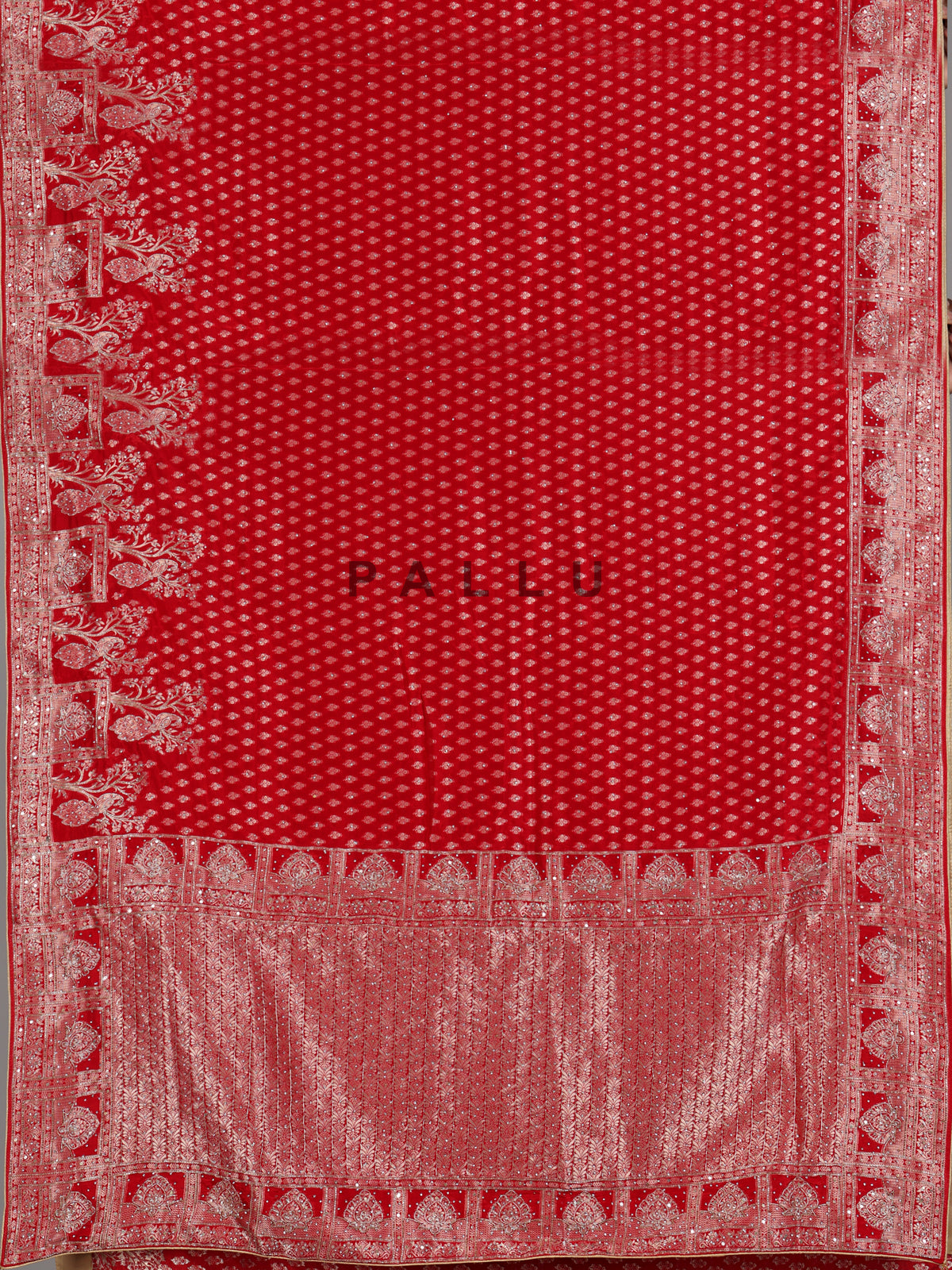 Crimson red shikargah dola silk saree