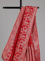 Crimson red shikargah dola silk saree