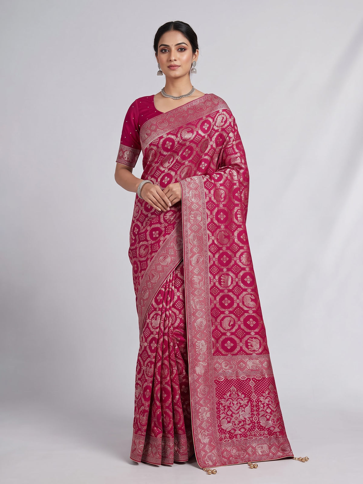 Raspberry pink bandhani dola silk saree