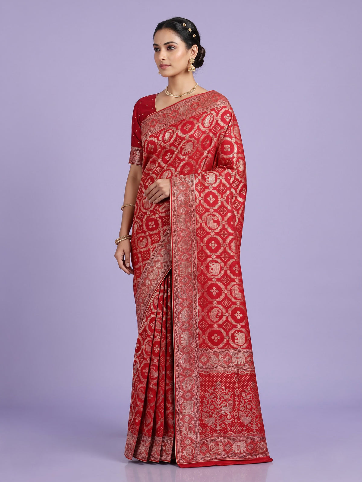 Crimson red metallic dola silk saree