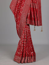 Crimson red metallic dola silk saree