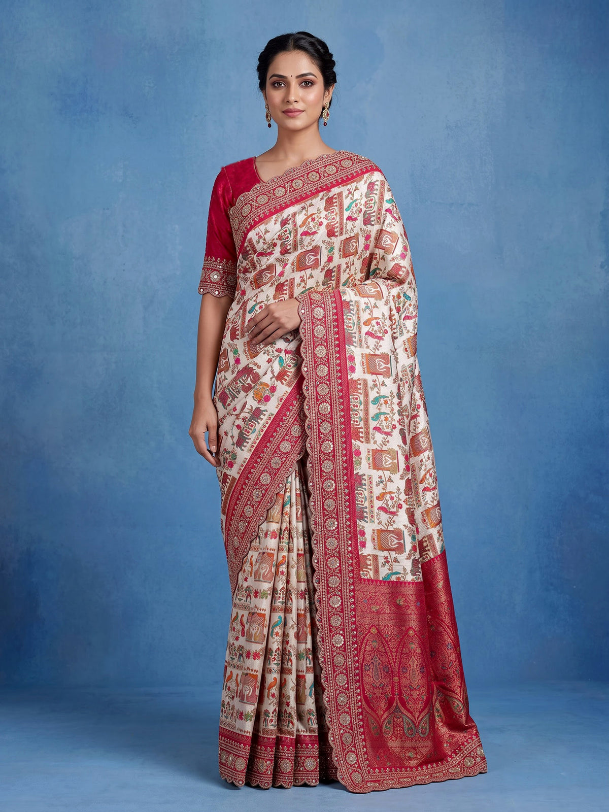 Ivory berry pink pichwai modal silk saree