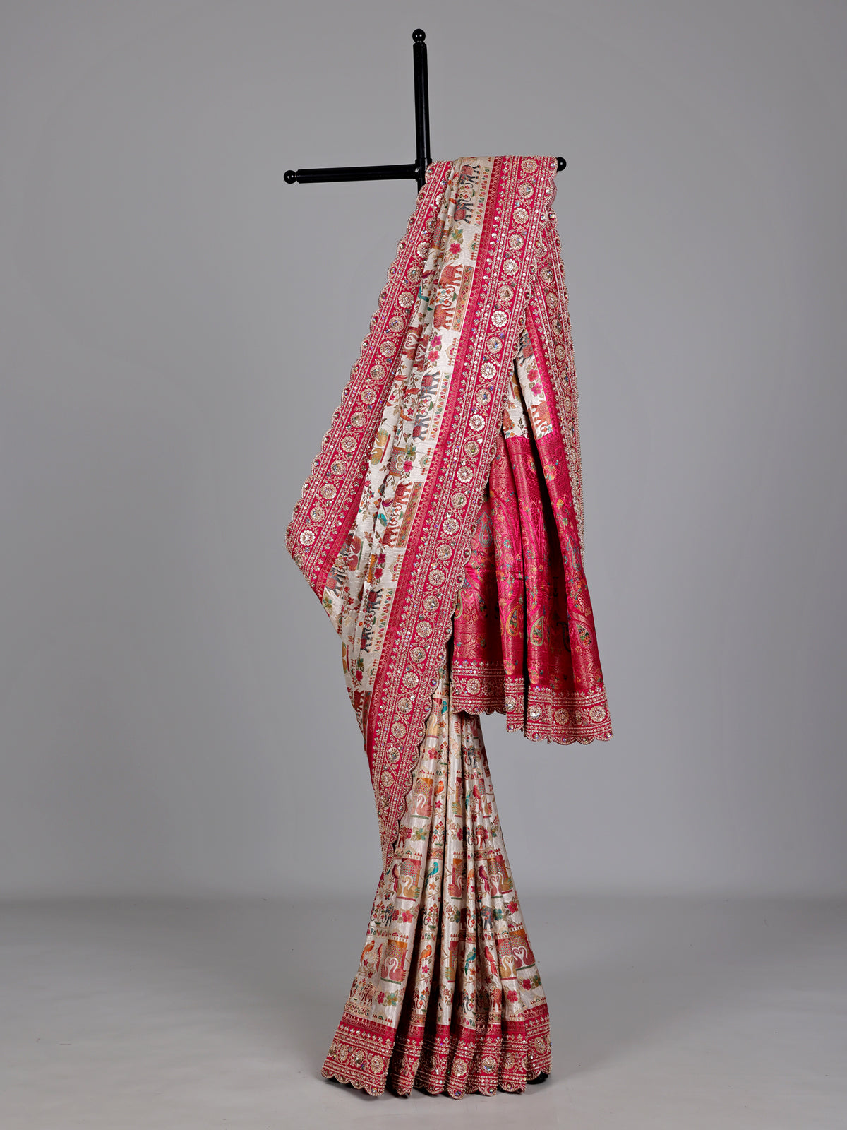 Ivory berry pink pichwai modal silk saree