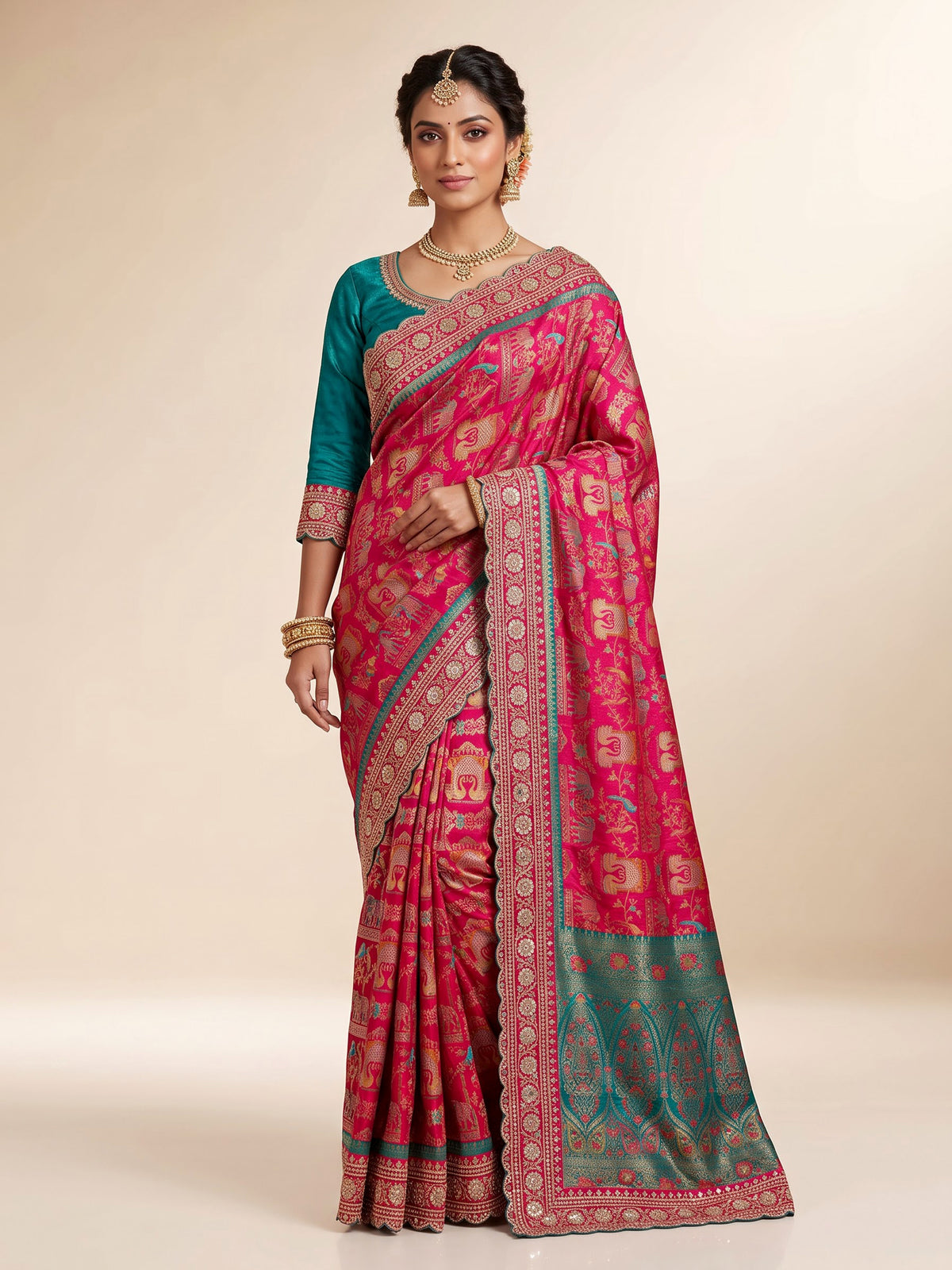 Magenta pink and teal modal silk saree