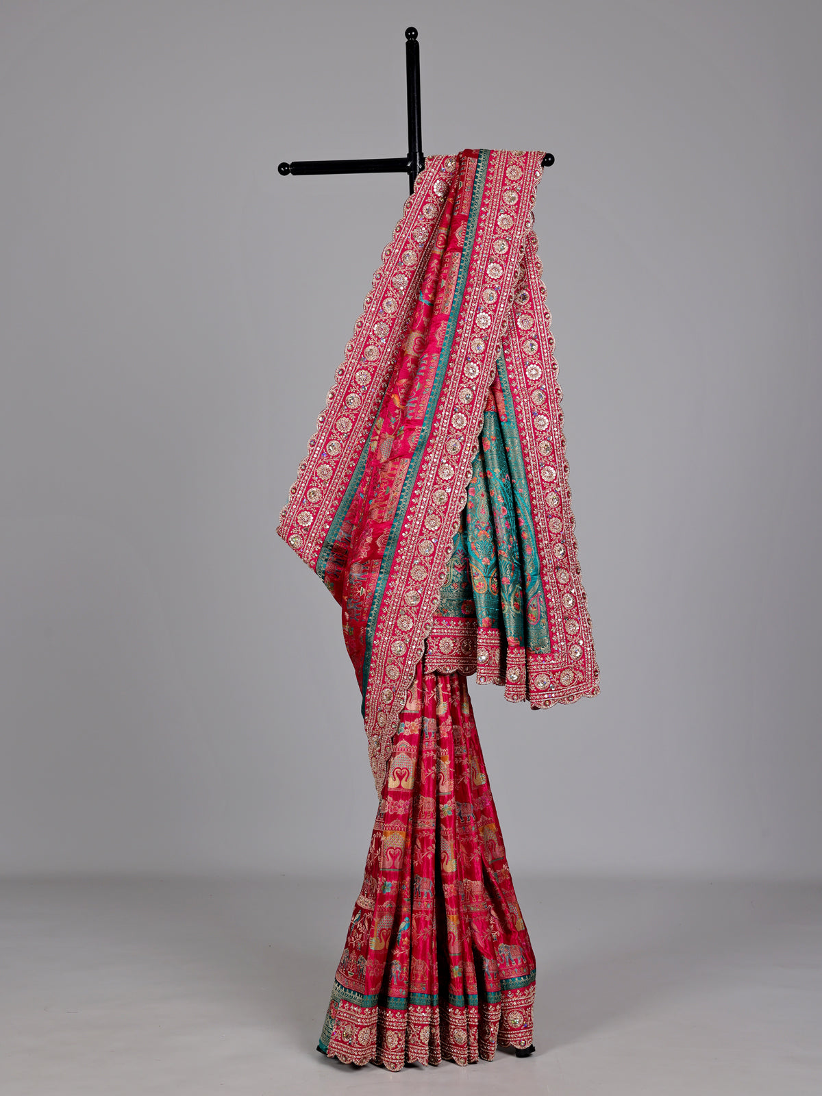 Magenta pink and teal modal silk saree