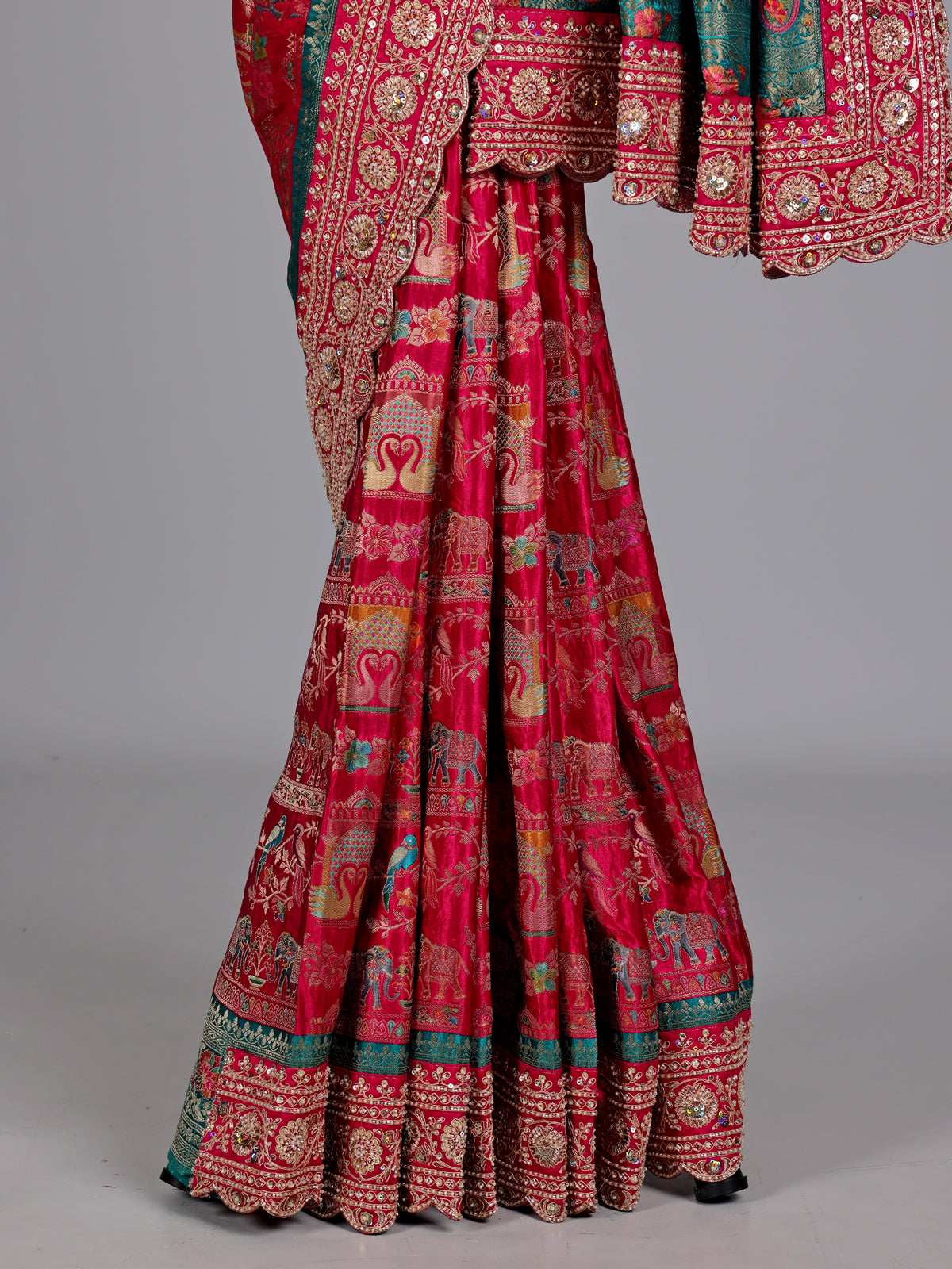 Magenta pink and teal modal silk saree