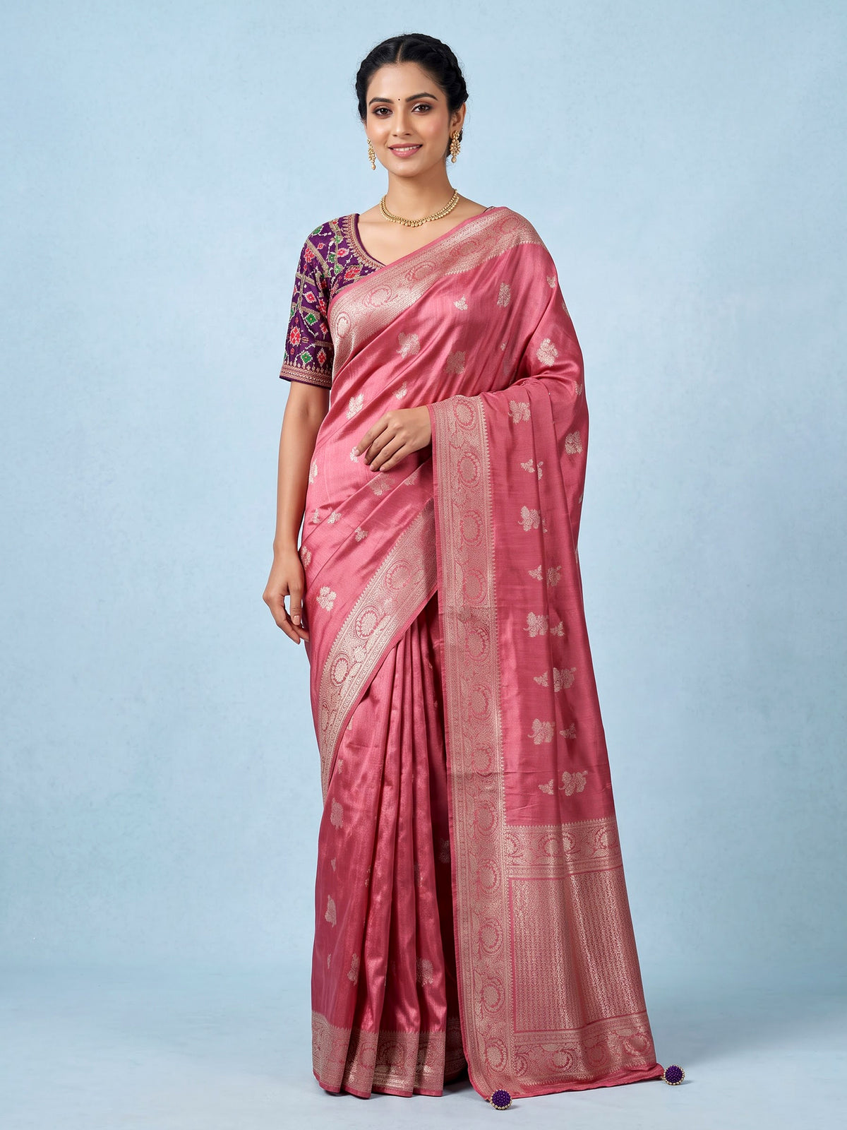 Dark peach tissue-silk saree with readymade blouse